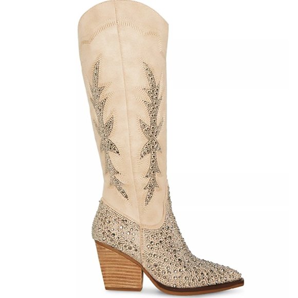 NEW Madden Girl Western Knee Hi Boots Size 7.5 Apple Sand Rhinestone Embellished - Picture 2 of 10